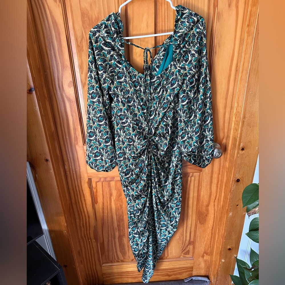NWT SHEIN BAE Draped Collar Ruched Split Thigh Tie Back Satin Dress - Picture 4 of 9